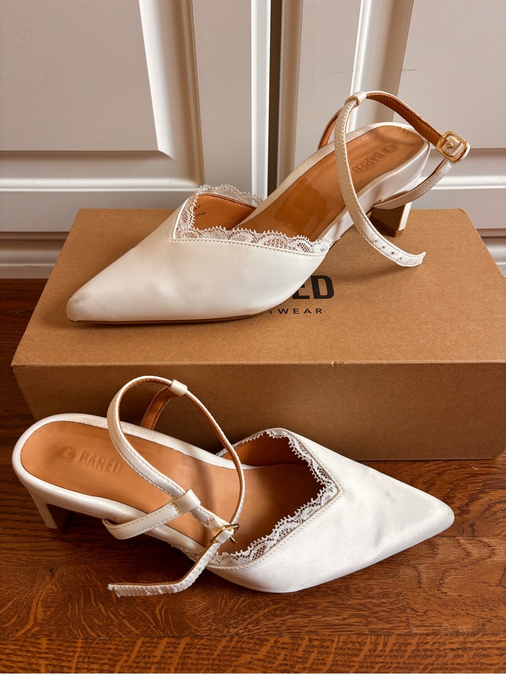 Bared Footwear White Satin Lace-Trim Slingback Heels